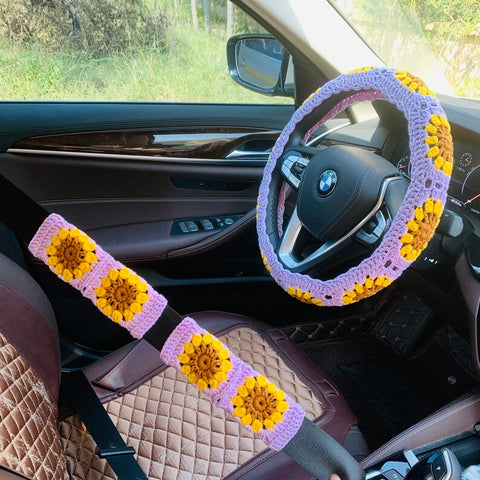 Crochet Steering Wheel Cover Sunflower seat belt Cover for women, Car Accessories decorations