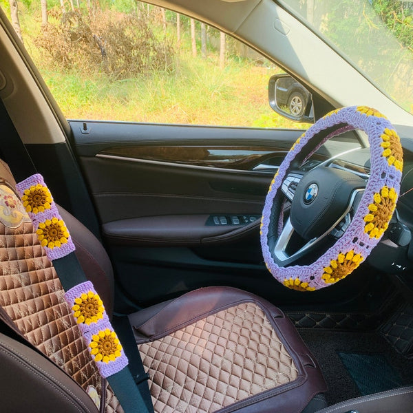 Crochet Steering Wheel Cover Sunflower seat belt Cover for women, Car Accessories decorations