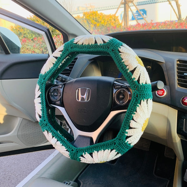 Daisy flower Steering Wheel Cover for women, Handmade Crochet cute flower, Car Accessories decorations
