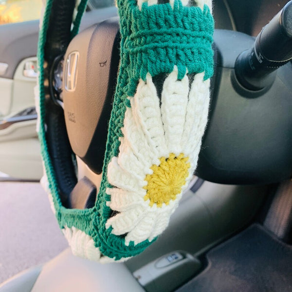 Daisy flower Steering Wheel Cover for women, Handmade Crochet cute flower, Car Accessories decorations