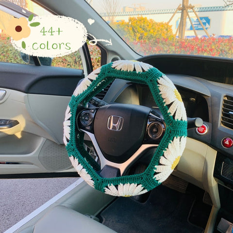 Daisy flower Steering Wheel Cover for women, Handmade Crochet cute flower, Car Accessories decorations