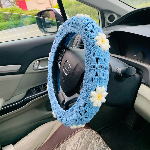 Steering Wheel Cover for women, Crochet cute daisy flower seat belt Cover, Handmade kawaii Car interior Accessories decorations