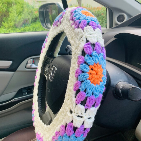 Crochet handmade Steering Wheel Cover for women, cute daisy flower seat belt Cover, Car interior Accessories decorations