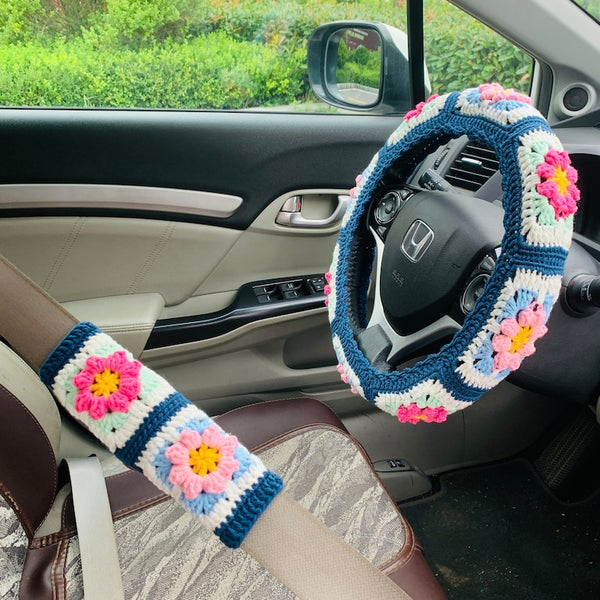 Handmade crochet Steering Wheel Cover for women, cute kawaii daisy flower seat belt Cover, Car interior Accessories decorations