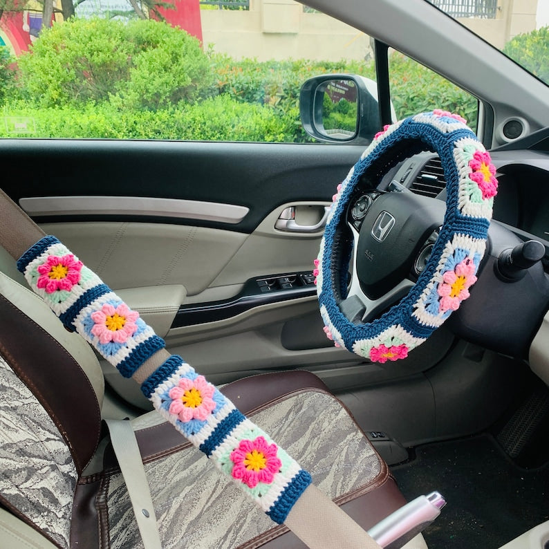 Handmade crochet Steering Wheel Cover for women, cute kawaii daisy flower seat belt Cover, Car interior Accessories decorations