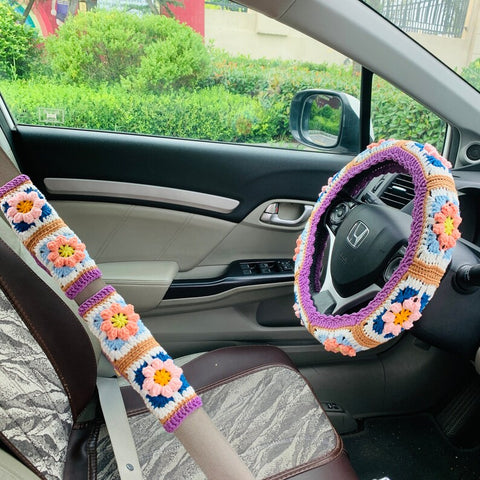 Handmade crochet Steering Wheel Cover for women, cute daisy flower seat belt Cover, Car interior Accessories decorations