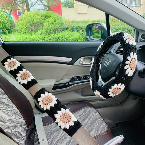 Crochet Steering Wheel Cover for women, handmade cute daisy flower seat belt Cover, Car interior Accessories decorations