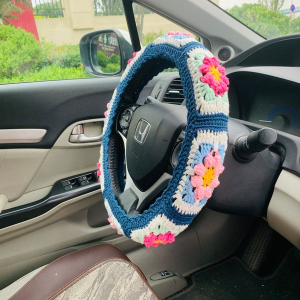Handmade crochet Steering Wheel Cover for women, cute kawaii daisy flower seat belt Cover, Car interior Accessories decorations