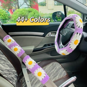 Handmade crochet Steering Wheel Cover for women, cute daisy flower seat belt Cover, Car interior Accessories decorations