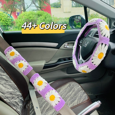 Handmade crochet Steering Wheel Cover for women, cute daisy flower seat belt Cover, Car interior Accessories decorations
