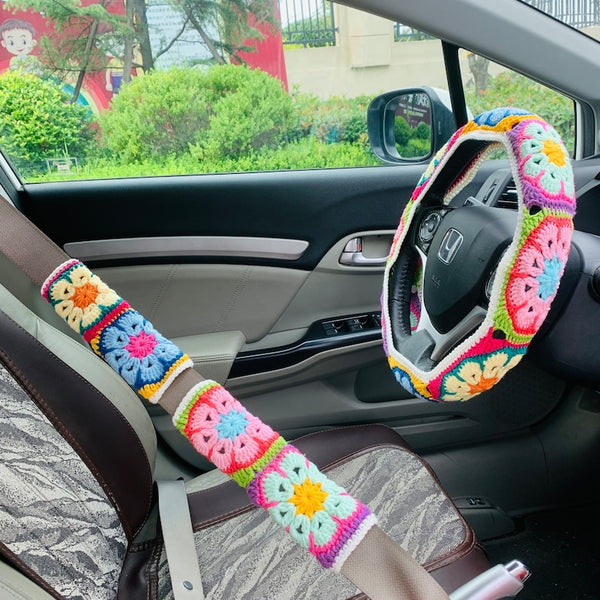 Handmade crochet Steering Wheel Cover for women, cute daisy colorful flower seat belt Cover, Car interior Accessories decorations