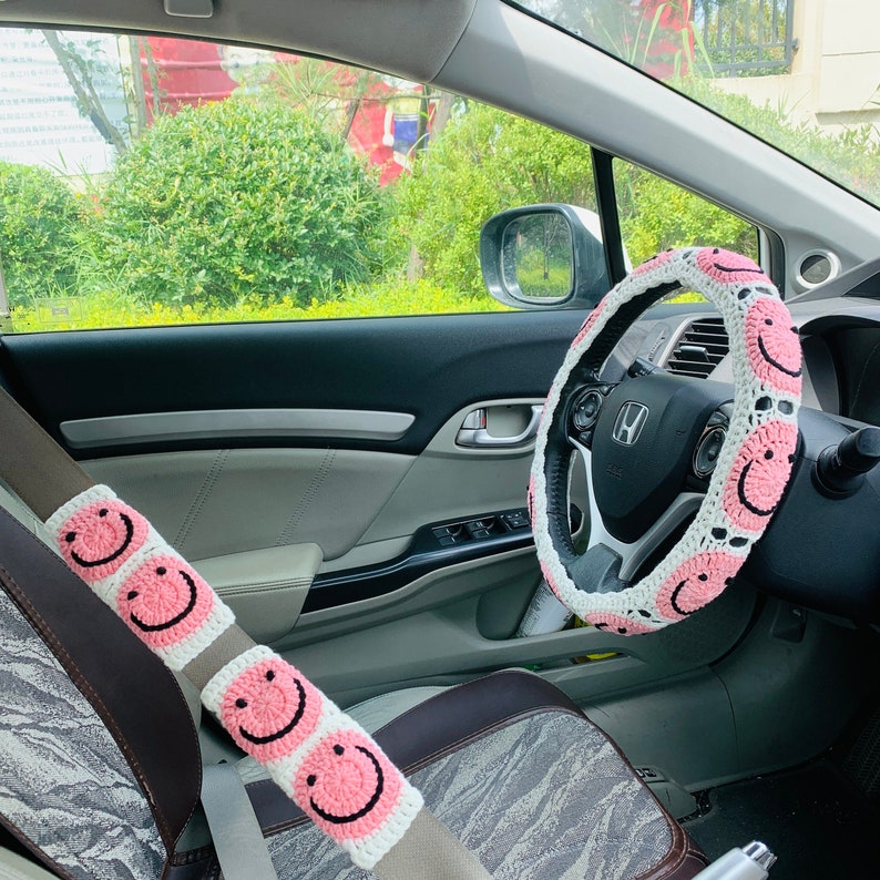 Handmade crochet Steering Wheel Cover for women, Cute smiling face flower seat belt Cover, Car interior Accessories decorations gift