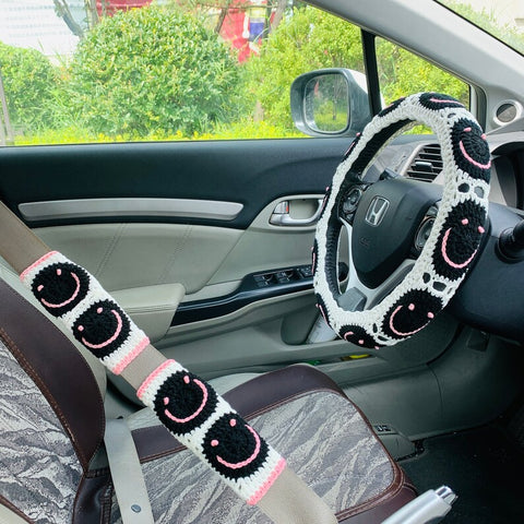 Smiling face Steering Wheel Cover for women, Cute Handmade crochet flower seat belt Cover, Car interior Accessories decorations