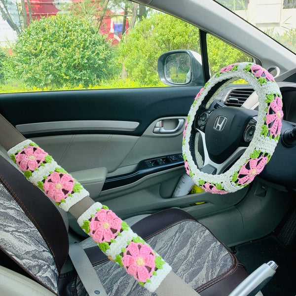 Handmade crochet Steering Wheel Cover for women, Cute pink flower seat belt Cover, Car interior Accessories decorations