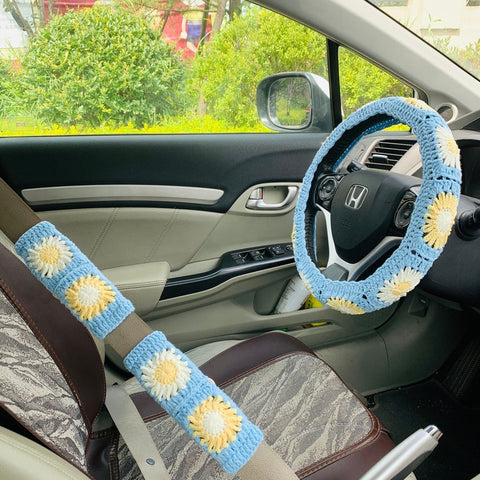 Handmade crochet Steering Wheel Cover for women, Cute flower seat belt Cover, Car interior Accessories decorations
