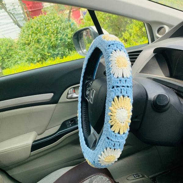 Handmade crochet Steering Wheel Cover for women, Cute flower seat belt Cover, Car interior Accessories decorations