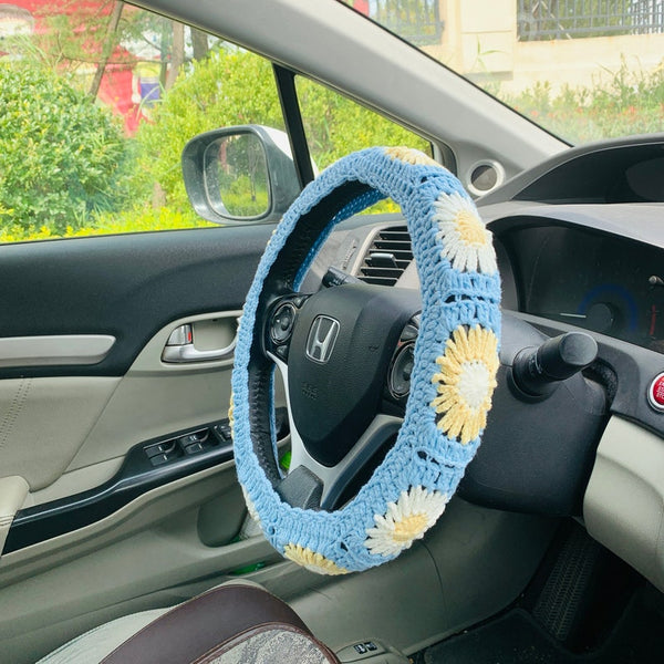 Handmade crochet Steering Wheel Cover for women, Cute flower seat belt Cover, Car interior Accessories decorations
