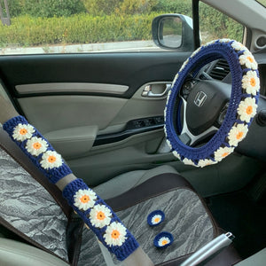 Steering Wheel Cover for women, handmade Crochet cute daisy flower seat belt Cover, Car Accessories decorations