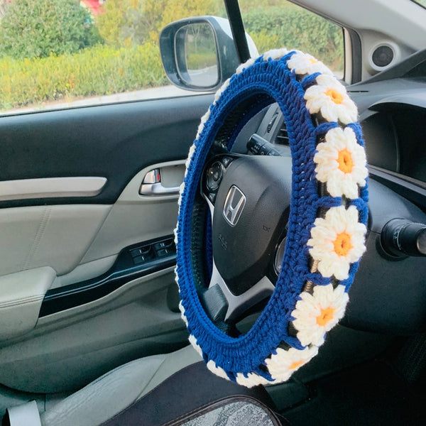 Steering Wheel Cover for women, handmade Crochet cute daisy flower seat belt Cover, Car Accessories decorations