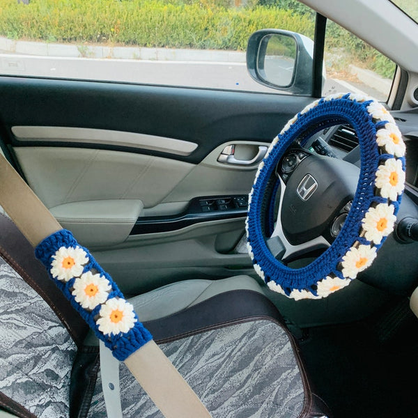 Steering Wheel Cover for women, handmade Crochet cute daisy flower seat belt Cover, Car Accessories decorations