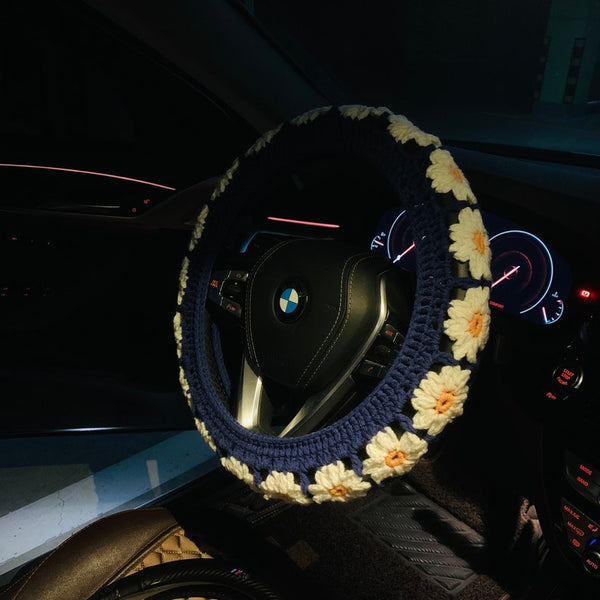 Steering Wheel Cover for women, handmade Crochet cute daisy flower seat belt Cover, Car Accessories decorations