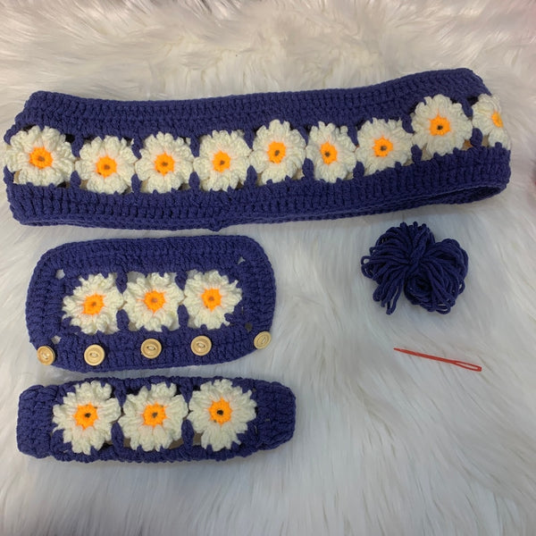 Steering Wheel Cover for women, handmade Crochet cute daisy flower seat belt Cover, Car Accessories decorations