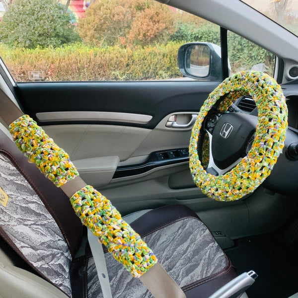 Steering Wheel Cover for women, Crochet simple style seat belt Cover, Car Accessories decorations
