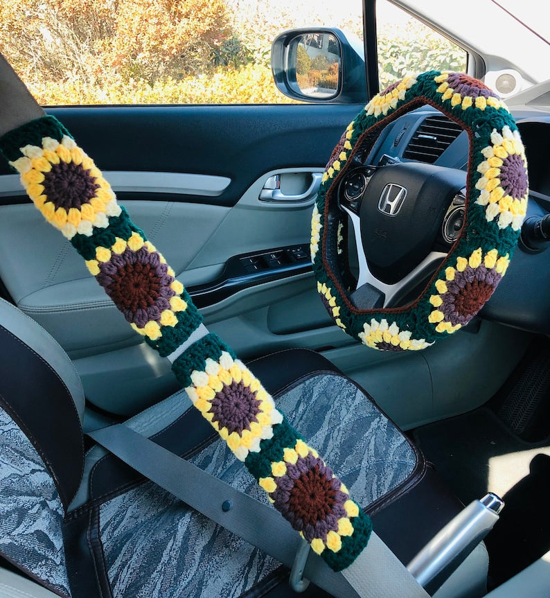 Steering Wheel Cover for women, Crochet cute green flower seat belt Cover, Car Accessories decorations