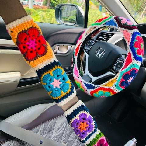 Steering Wheel Cover for women, Colorful Galsang flower Crochet cute kawaii Strawberry flower seat belt Cover, Car Accessories decorations