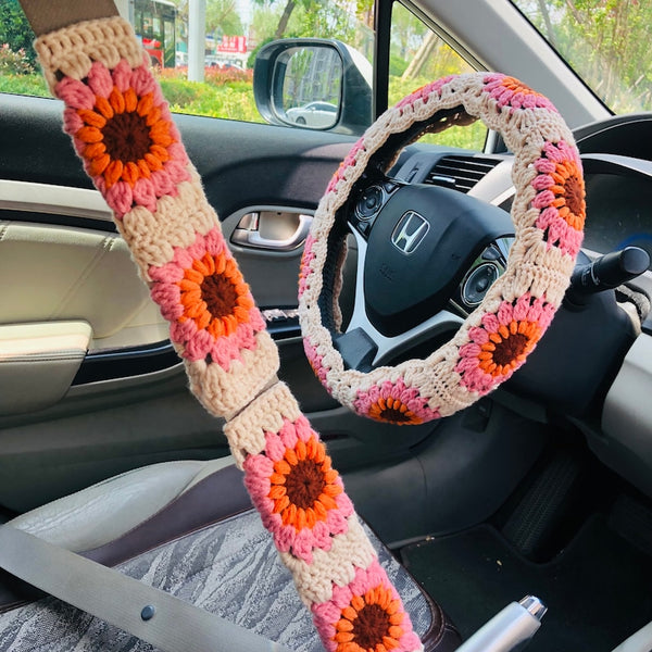 Steering Wheel Cover for women, Crochet cute vintage flower seat belt Cover, Car Accessories decorations