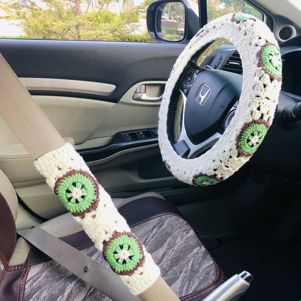 Steering Wheel Cover, Crochet cute kawaii Fruits kiwifruit flower seat belt Cover, Car Accessories decorations for woman