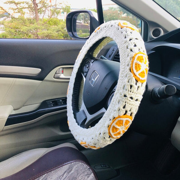 Steering Wheel Cover for women, Crochet cute kawaii Orange fruit flower seat belt Cover, Car Accessories decorations