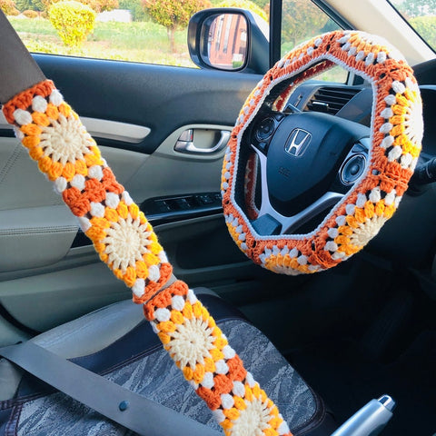 Handmade crochet Steering Wheel Cover for women, cute yellow daisy flower seat belt Cover, Car interior Accessories decorations