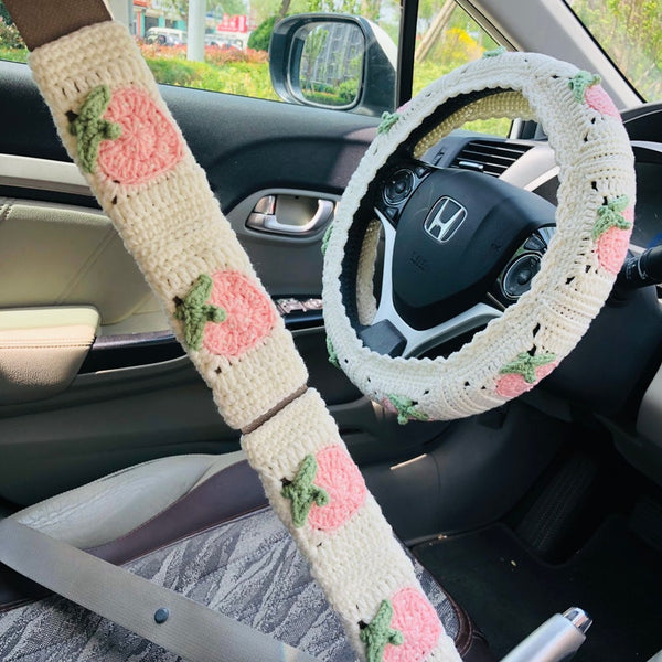 Steering Wheel Cover for women, Crochet Cute kawaii Pink Strawberry flower seat belt Cover, Car Accessories decorations
