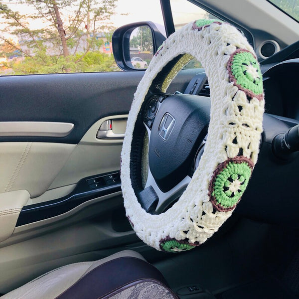 Steering Wheel Cover, Crochet cute kawaii Fruits kiwifruit flower seat belt Cover, Car Accessories decorations for woman