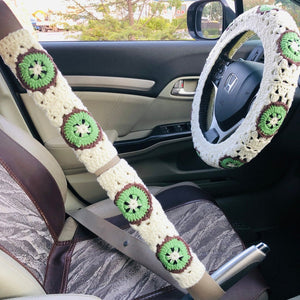 Steering Wheel Cover, Crochet cute kawaii Fruits kiwifruit flower seat belt Cover, Car Accessories decorations for woman