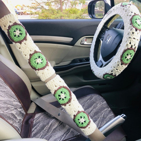 Steering Wheel Cover, Crochet cute kawaii Fruits kiwifruit flower seat belt Cover, Car Accessories decorations for woman