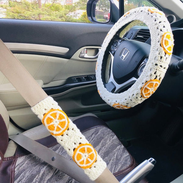 Steering Wheel Cover for women, Crochet cute kawaii Orange fruit flower seat belt Cover, Car Accessories decorations
