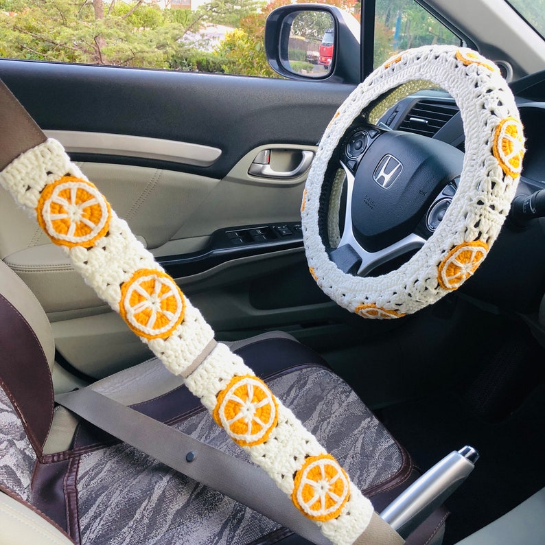 Steering Wheel Cover for women, Crochet cute kawaii Orange fruit flower seat belt Cover, Car Accessories decorations