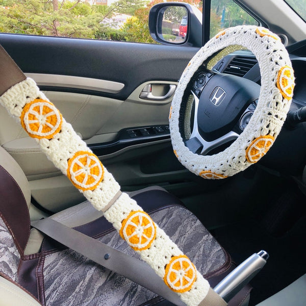 Steering Wheel Cover for women, Crochet cute kawaii Orange fruit flower seat belt Cover, Car Accessories decorations