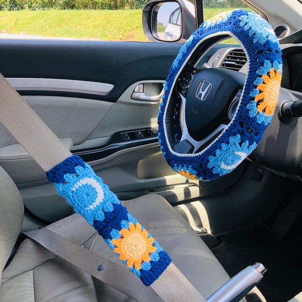 Steering Wheel Cover for women, Crochet cute star moon seat belt Cover, Car Accessories decorations