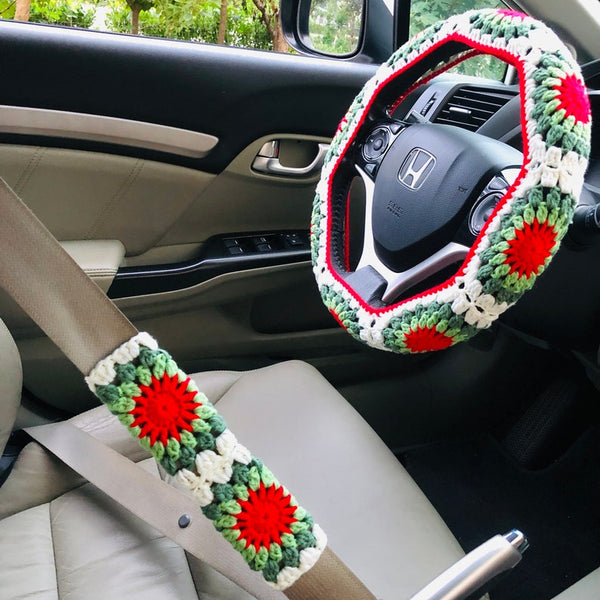 Steering Wheel Cover for women, Crochet Green Red white Flower seat belt Cover, Car Accessories decorations