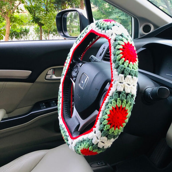 Steering Wheel Cover for women, Crochet Green Red white Flower seat belt Cover, Car Accessories decorations