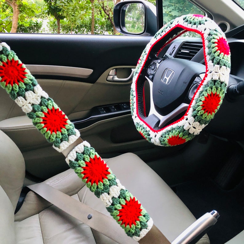 Steering Wheel Cover for women, Crochet Green Red white Flower seat belt Cover, Car Accessories decorations