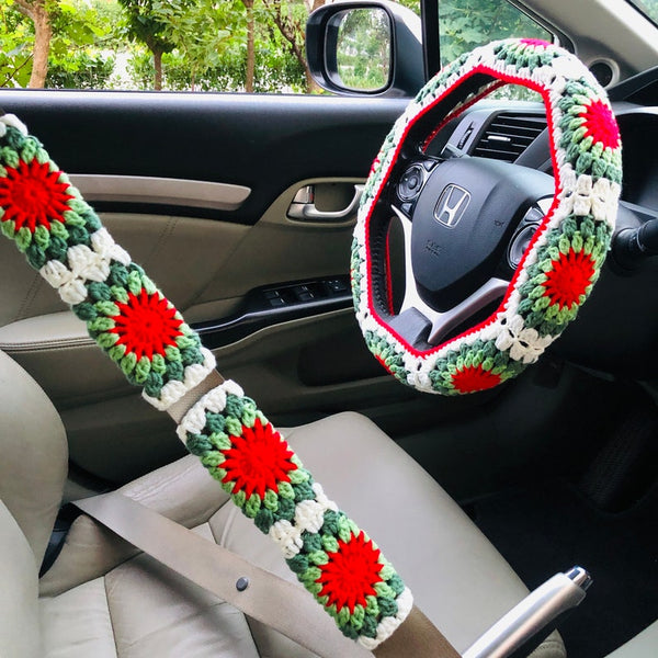 Steering Wheel Cover for women, Crochet Green Red white Flower seat belt Cover, Car Accessories decorations