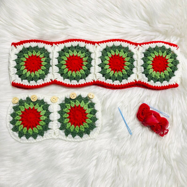 Steering Wheel Cover for women, Crochet Green Red white Flower seat belt Cover, Car Accessories decorations