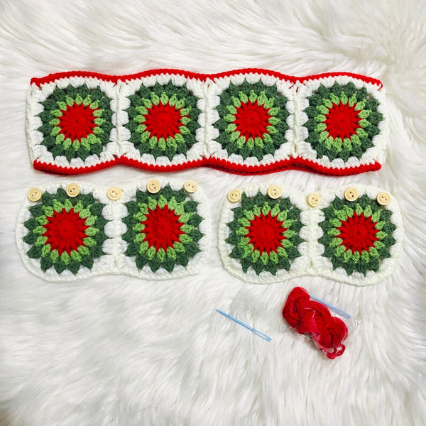 Steering Wheel Cover for women, Crochet Green Red white Flower seat belt Cover, Car Accessories decorations