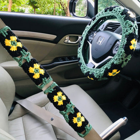 Steering Wheel Cover for women, Crochet Butterfly Black Green Flower seat belt Cover, Car Accessories decorations