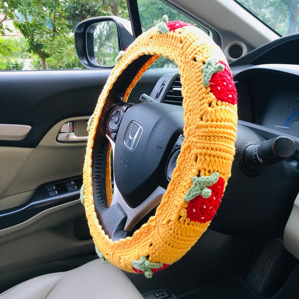 Steering Wheel Cover for women, Crochet cute Yellow Strawberry flower seat belt Cover, Car Accessories decorations