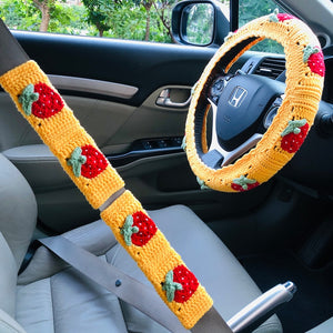 Steering Wheel Cover for women, Crochet cute Yellow Strawberry flower seat belt Cover, Car Accessories decorations